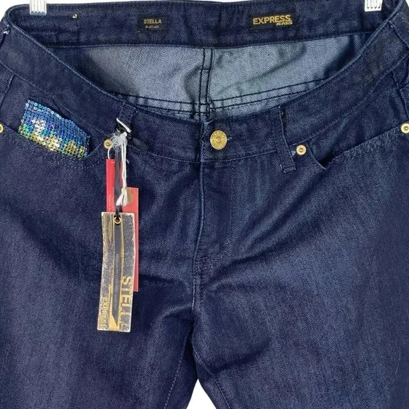 Express New Stella Boot Leg Embellished Denim Blue Waxed Jeans Sequins Size 12 - Picture 4 of 14